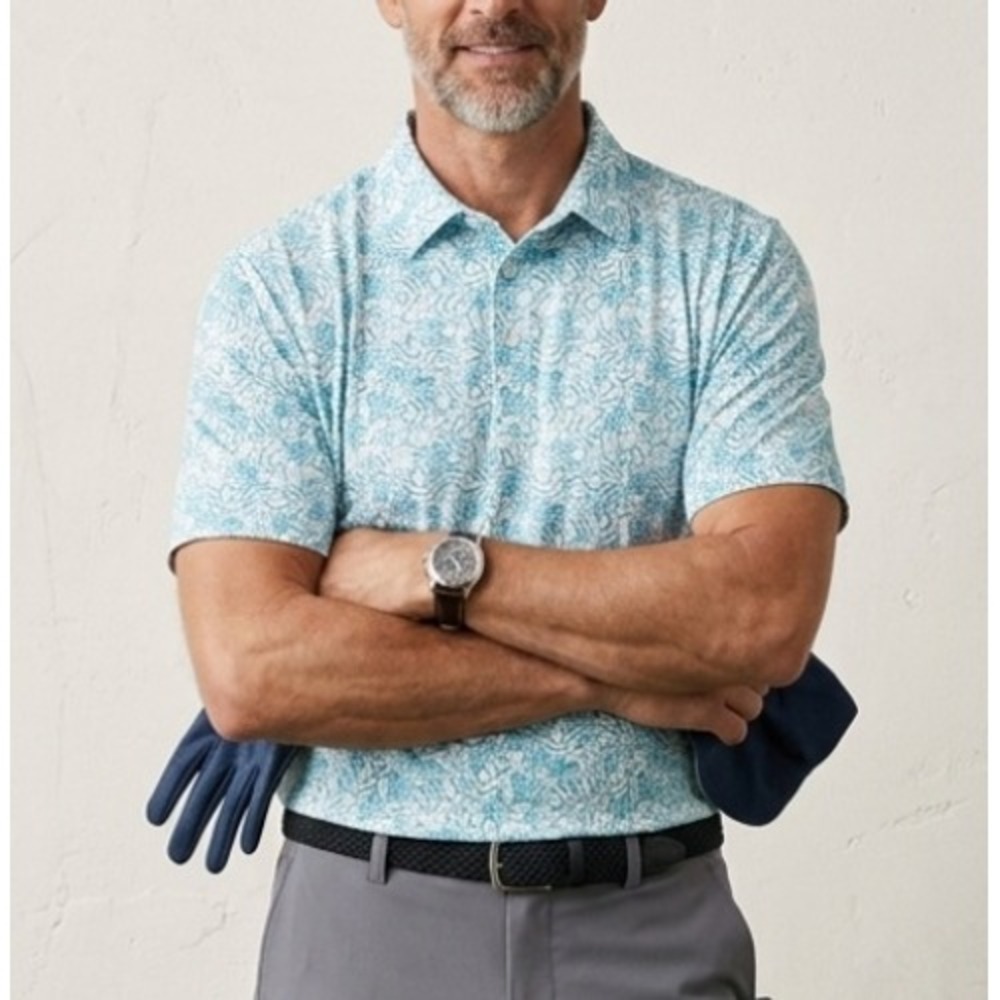 Mens Large Performance Golf Polo Shirt Teal Blue All Over Leaf Print